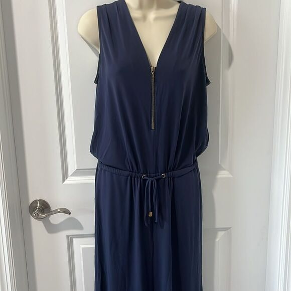 Boston Proper Navy Sleeveless Jumpsuit Elastic Drawstring Waist V Neck Zip - Picture 2 of 9